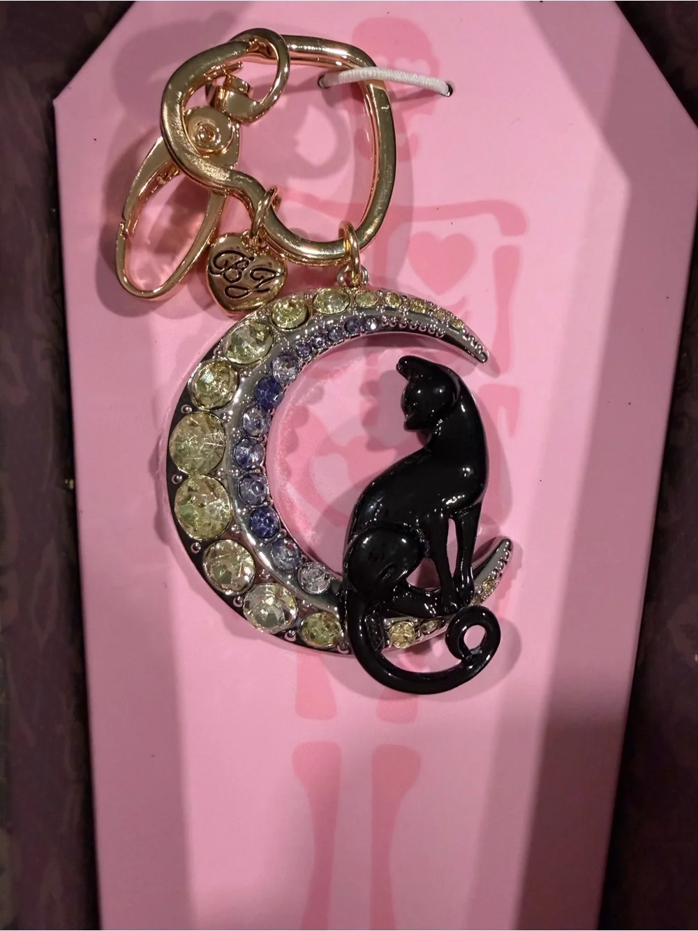 Betsey Johnson Gold-Tone Crescent Moon Keychain with Black Cat